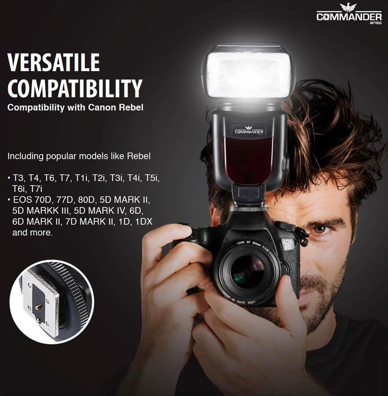 COMMANDER OPTICS E-TTL Flash Speedlite Bounce/Swivel LED Backlit with 4 Rechargeable AA Batteries for Canon Rebel T7, SL3, 4000D, 850D, 80D, 90D, R, RP, R5, R6, R8, 6D Mark II, 5D Mark IV & More - Image 2